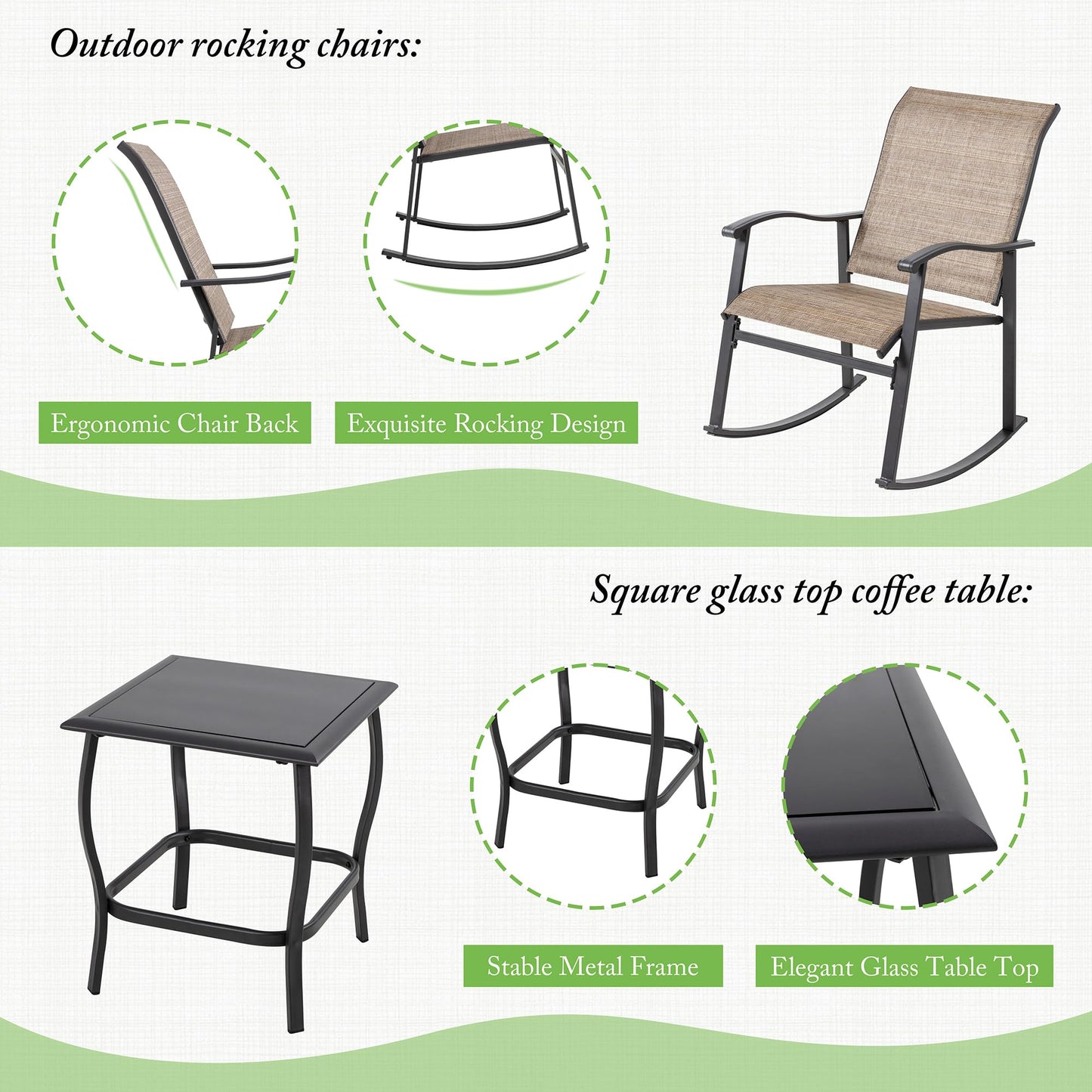 Shintenchi Rocking Chair Outdoor with Table, 3 Piece Rocking Patio Bistro Set, Outdoor Furniture Set with Metal Frame and Textilene Fabric for Small Space, Brown