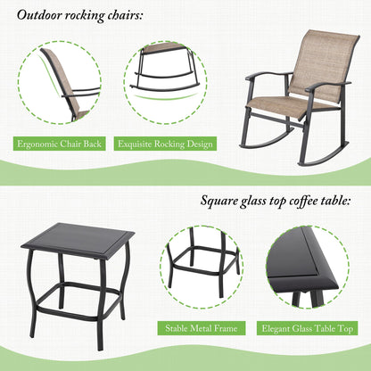 Shintenchi Rocking Chair Outdoor with Table, 3 Piece Rocking Patio Bistro Set, Outdoor Furniture Set with Metal Frame and Textilene Fabric for Small Space, Brown