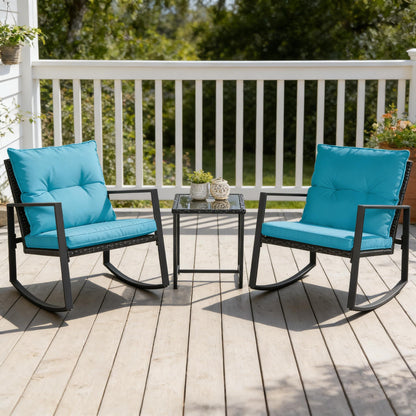 SUNCROWN 3 Piece Outdoor Rocking Bistro Set Black Wicker Furniture Porch Chairs Conversation Sets with Glass Coffee Table, Beige