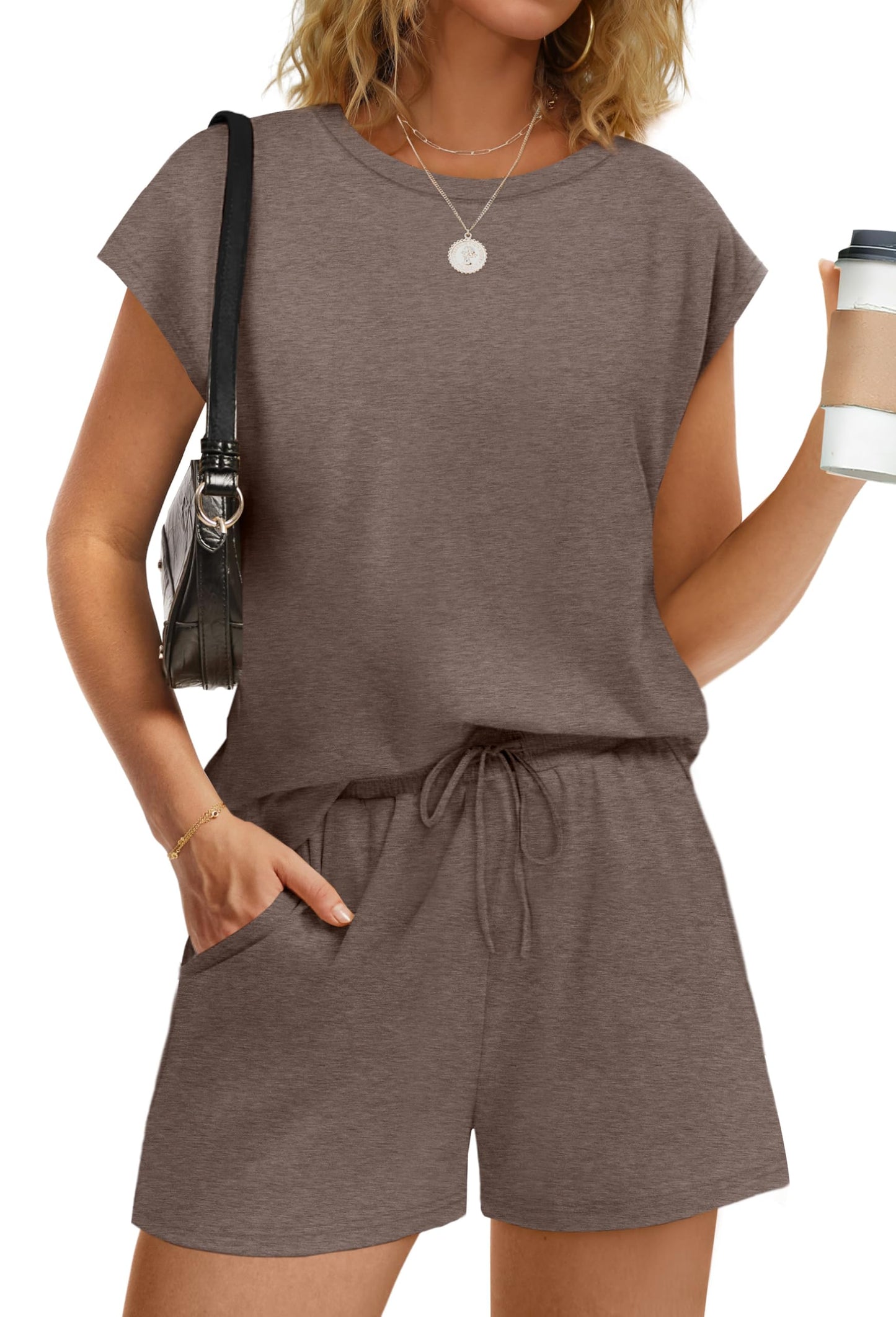 WIHOLL Two Piece Sets for Women Summer Crew Neck Lounge Short Sets Cap Sleeve Drawstring Sweatsuit with Pocket