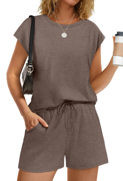 WIHOLL Two Piece Sets for Women Summer Crew Neck Lounge Short Sets Cap Sleeve Drawstring Sweatsuit with Pocket