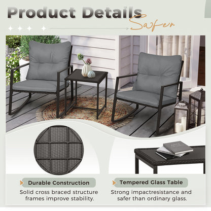 SUNCROWN 3 Piece Outdoor Rocking Bistro Set Black Wicker Furniture Porch Chairs Conversation Sets with Glass Coffee Table, Beige