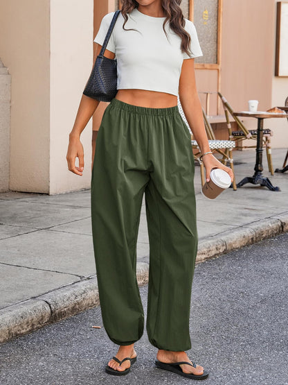 Tankaneo Womens Balloon Pants Trendy Casual Elastic Waist Wide Leg Harem Pants Baggy Pleated Lantern Trousers