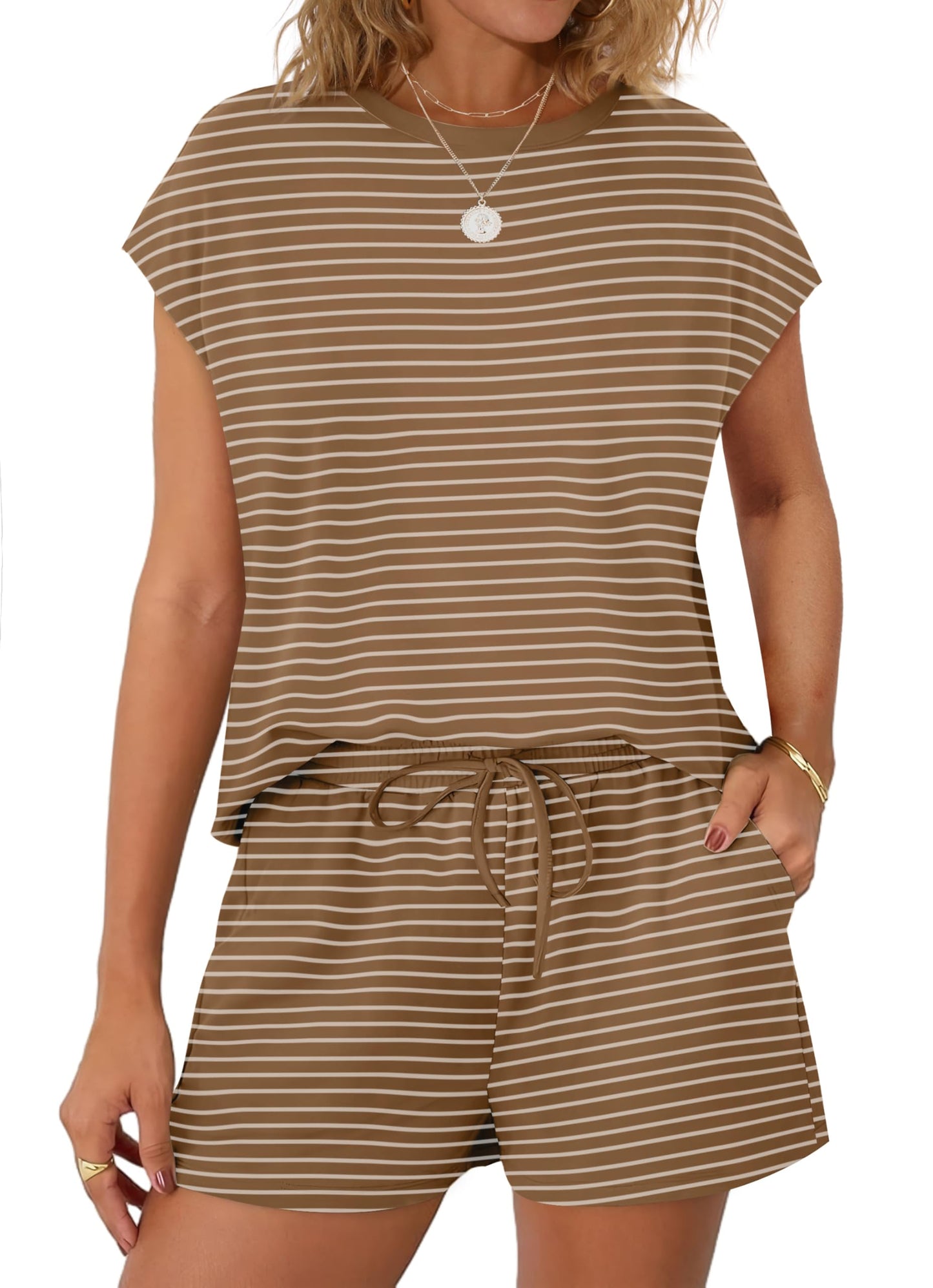 WIHOLL Two Piece Sets for Women Summer Crew Neck Lounge Short Sets Cap Sleeve Drawstring Sweatsuit with Pocket