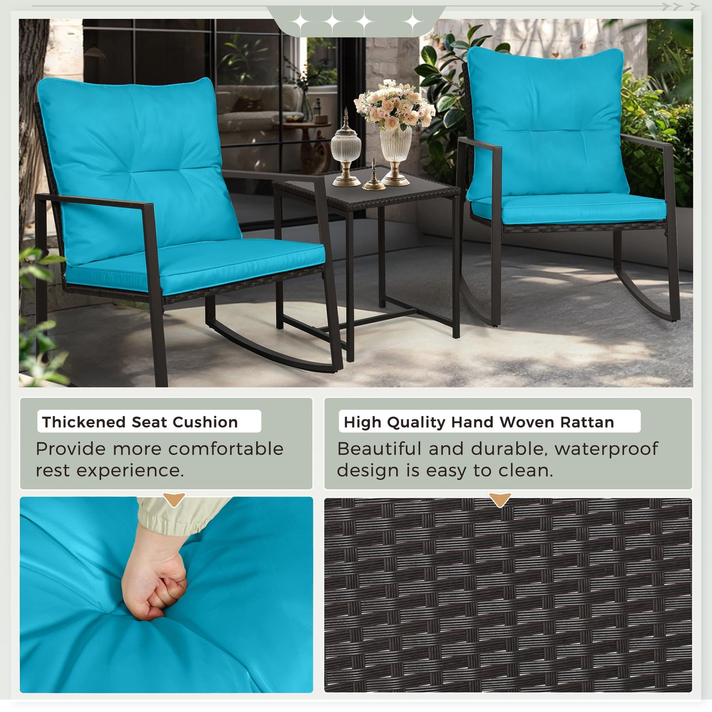 SUNCROWN 3 Piece Outdoor Rocking Bistro Set Black Wicker Furniture Porch Chairs Conversation Sets with Glass Coffee Table, Beige