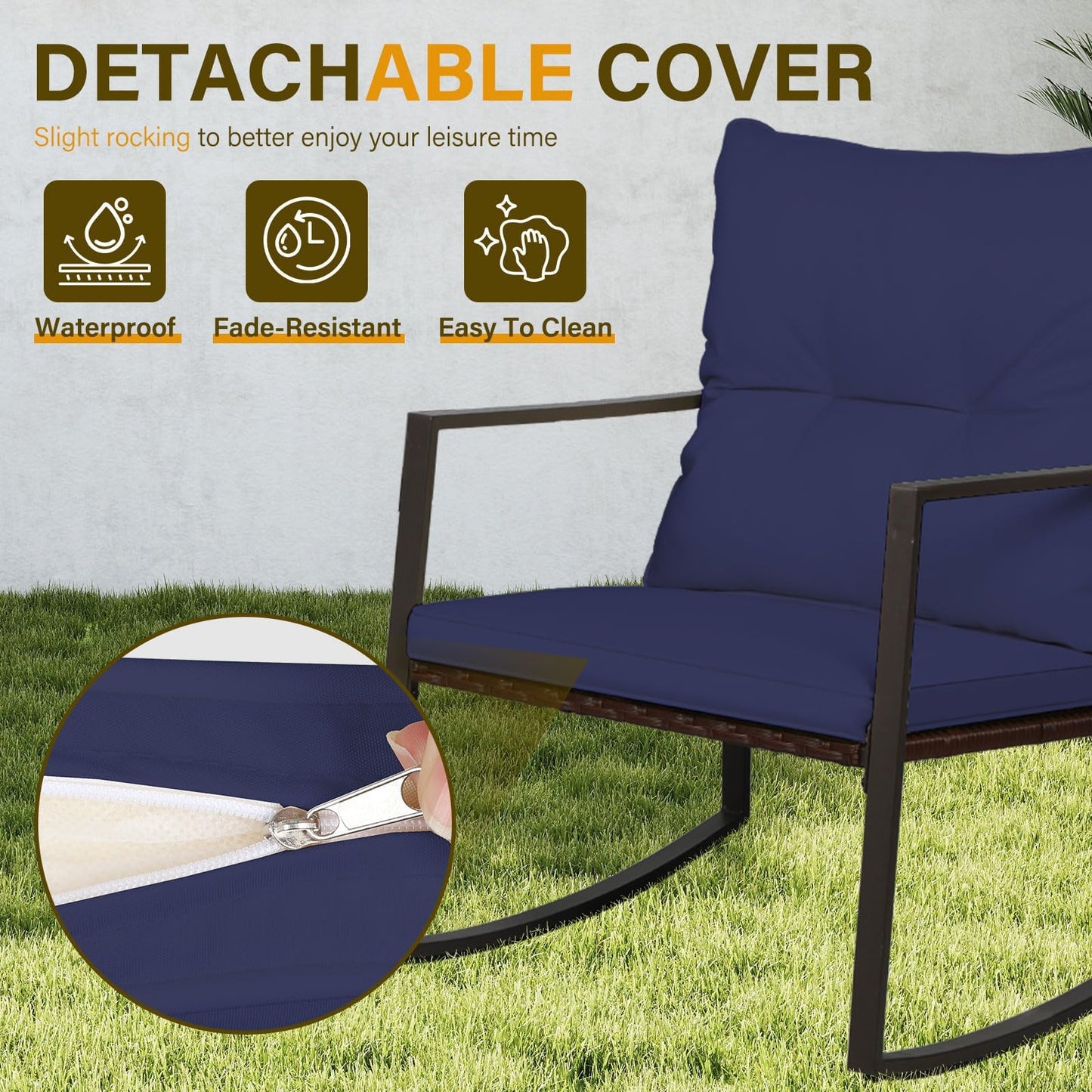 SUNCROWN 3 Piece Outdoor Rocking Bistro Set Black Wicker Furniture Porch Chairs Conversation Sets with Glass Coffee Table, Beige