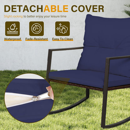 SUNCROWN 3 Piece Outdoor Rocking Bistro Set Black Wicker Furniture Porch Chairs Conversation Sets with Glass Coffee Table, Beige