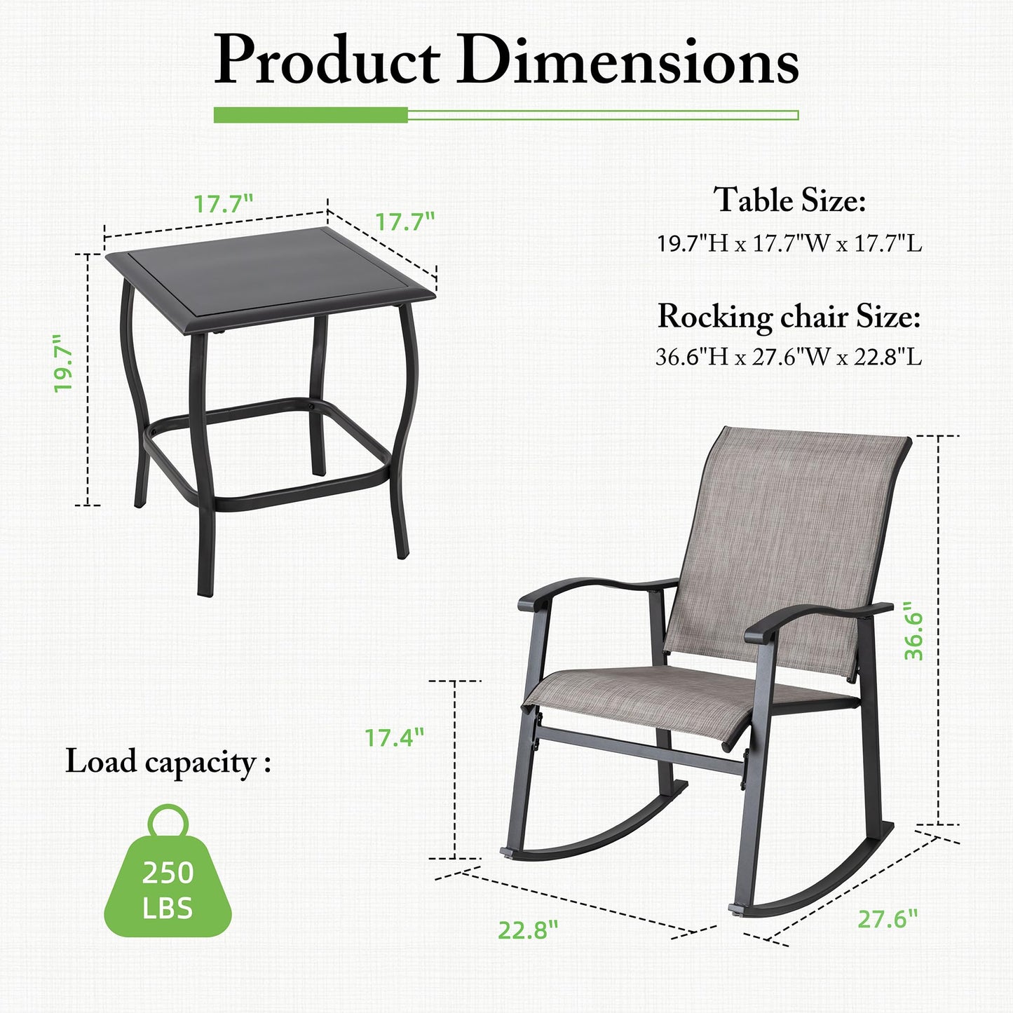 Shintenchi Rocking Chair Outdoor with Table, 3 Piece Rocking Patio Bistro Set, Outdoor Furniture Set with Metal Frame and Textilene Fabric for Small Space, Brown
