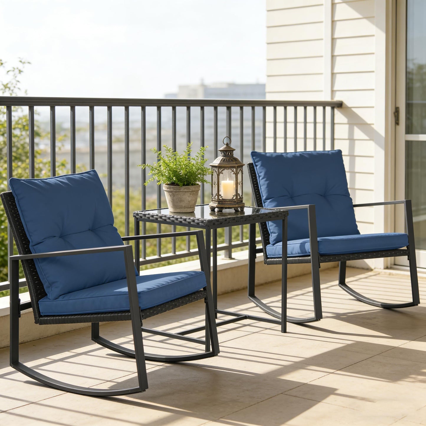 SUNCROWN 3 Piece Outdoor Rocking Bistro Set Black Wicker Furniture Porch Chairs Conversation Sets with Glass Coffee Table, Beige