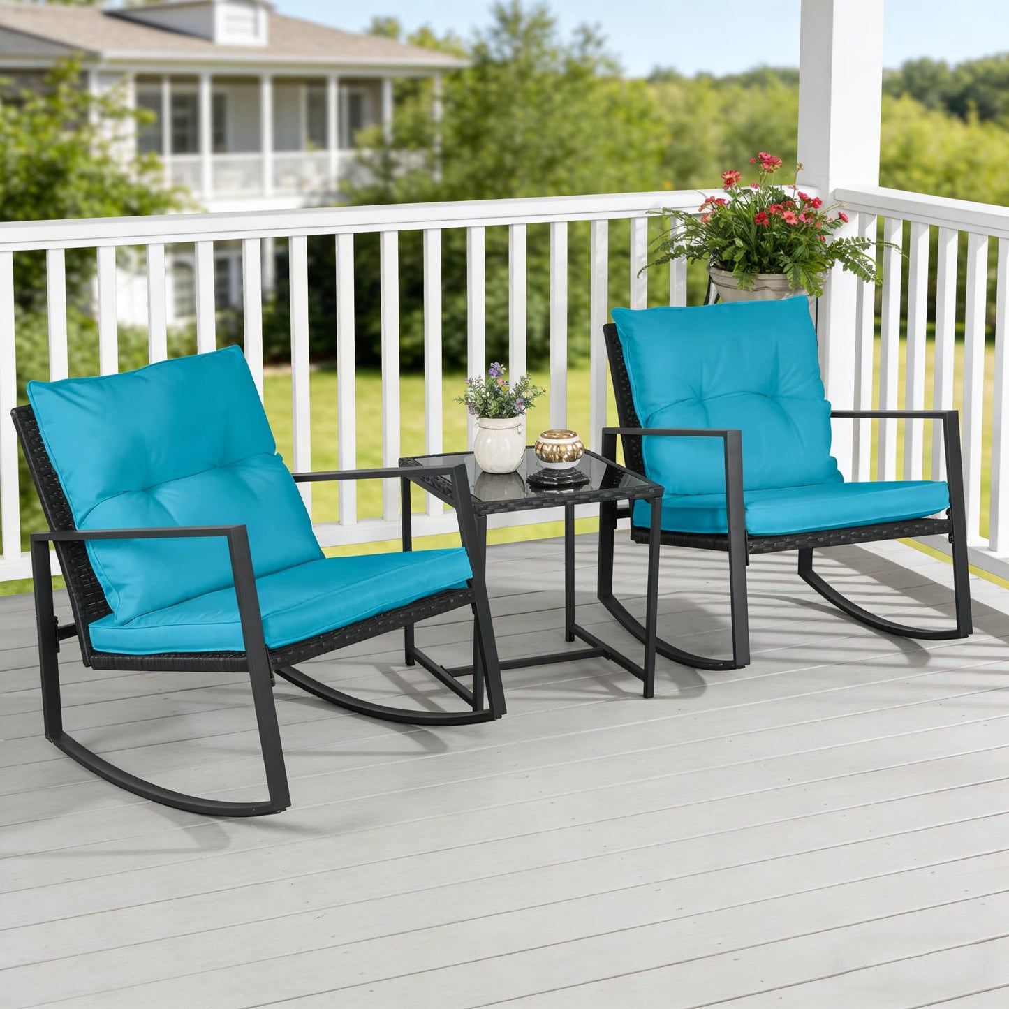 SUNCROWN 3 Piece Outdoor Rocking Bistro Set Black Wicker Furniture Porch Chairs Conversation Sets with Glass Coffee Table, Beige