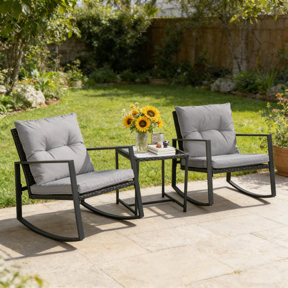 SUNCROWN 3 Piece Outdoor Rocking Bistro Set Black Wicker Furniture Porch Chairs Conversation Sets with Glass Coffee Table, Beige