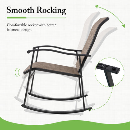 Shintenchi Rocking Chair Outdoor with Table, 3 Piece Rocking Patio Bistro Set, Outdoor Furniture Set with Metal Frame and Textilene Fabric for Small Space, Brown