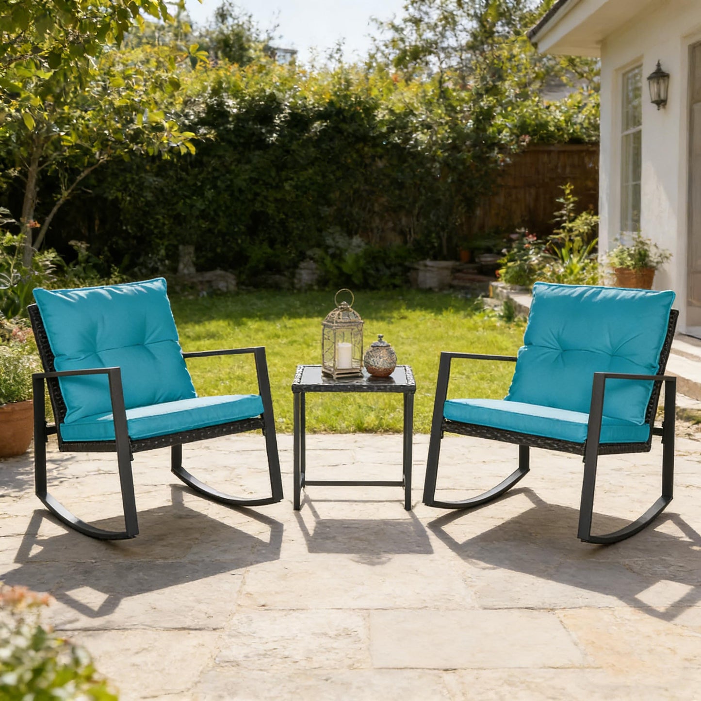 SUNCROWN 3 Piece Outdoor Rocking Bistro Set Black Wicker Furniture Porch Chairs Conversation Sets with Glass Coffee Table, Beige