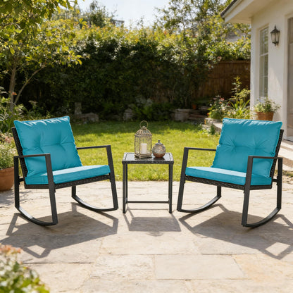 SUNCROWN 3 Piece Outdoor Rocking Bistro Set Black Wicker Furniture Porch Chairs Conversation Sets with Glass Coffee Table, Beige