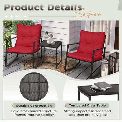 SUNCROWN 3 Piece Outdoor Rocking Bistro Set Black Wicker Furniture Porch Chairs Conversation Sets with Glass Coffee Table, Beige