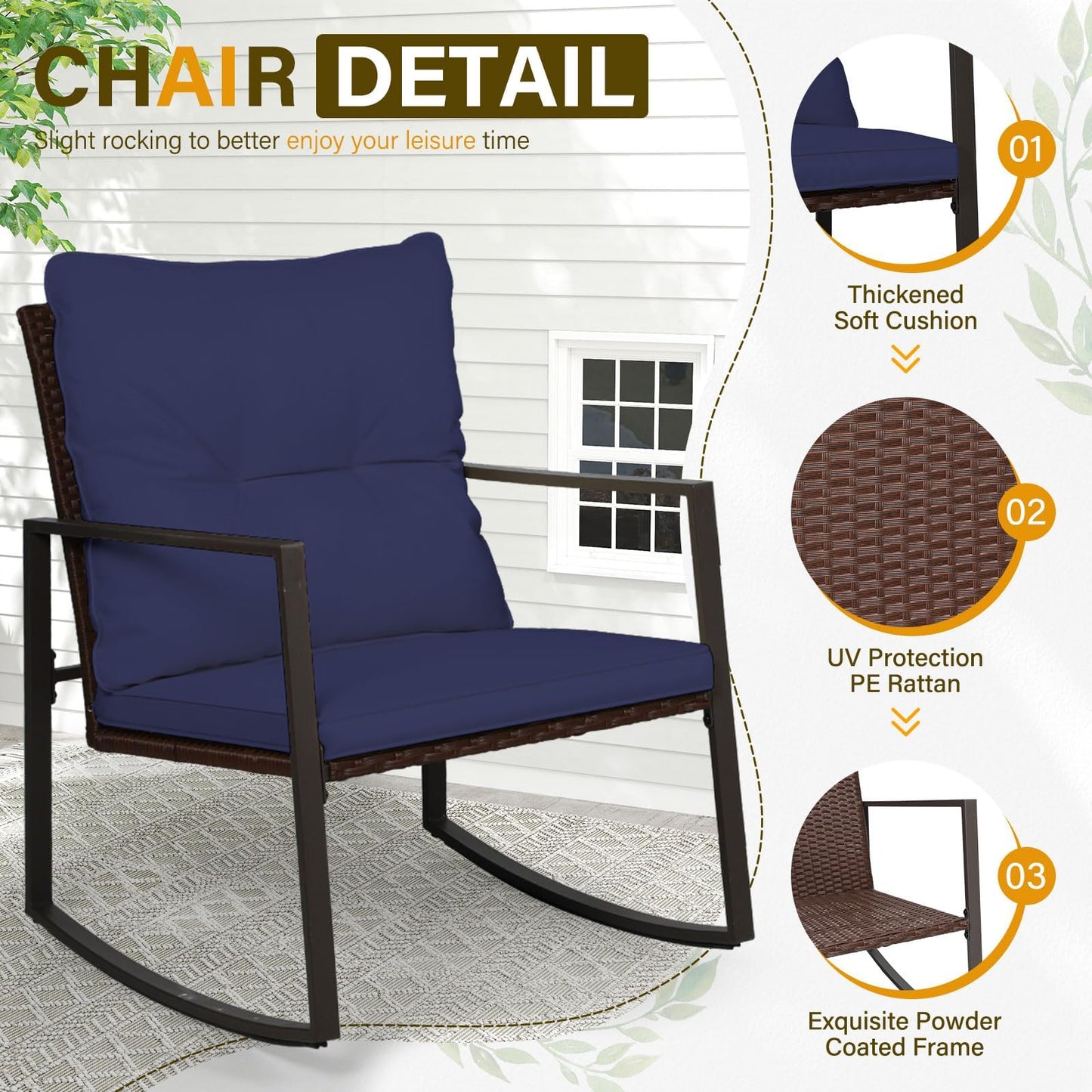 SUNCROWN 3 Piece Outdoor Rocking Bistro Set Black Wicker Furniture Porch Chairs Conversation Sets with Glass Coffee Table, Beige