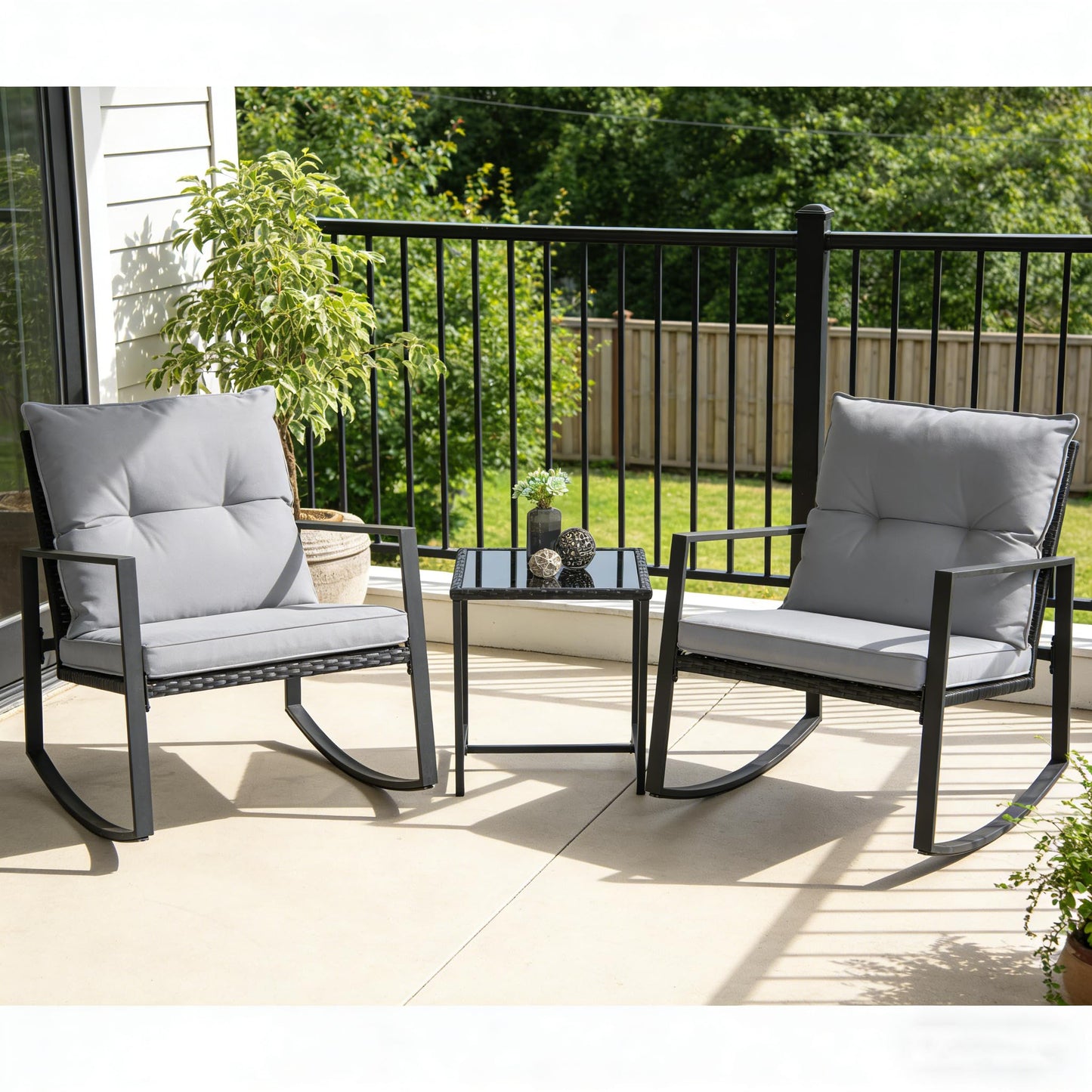 SUNCROWN 3 Piece Outdoor Rocking Bistro Set Black Wicker Furniture Porch Chairs Conversation Sets with Glass Coffee Table, Beige