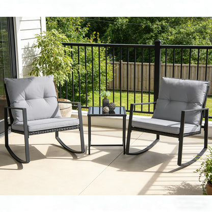 SUNCROWN 3 Piece Outdoor Rocking Bistro Set Black Wicker Furniture Porch Chairs Conversation Sets with Glass Coffee Table, Beige