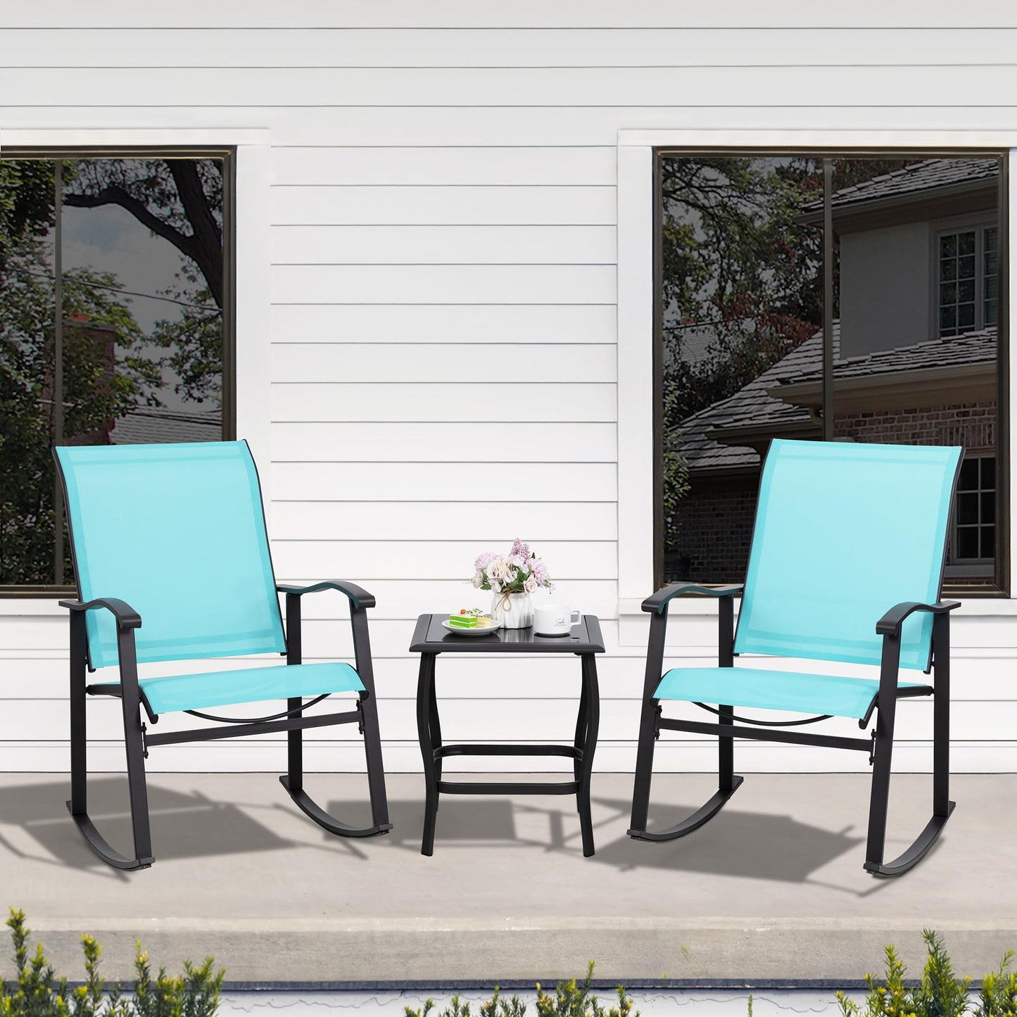 Shintenchi Rocking Chair Outdoor with Table, 3 Piece Rocking Patio Bistro Set, Outdoor Furniture Set with Metal Frame and Textilene Fabric for Small Space, Brown