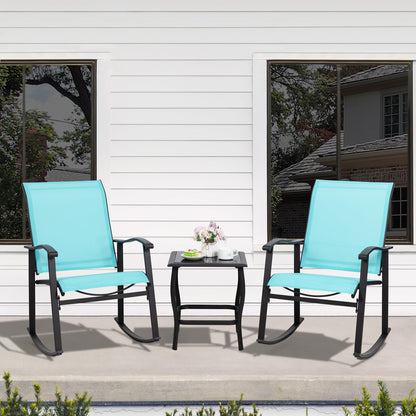 Shintenchi Rocking Chair Outdoor with Table, 3 Piece Rocking Patio Bistro Set, Outdoor Furniture Set with Metal Frame and Textilene Fabric for Small Space, Brown