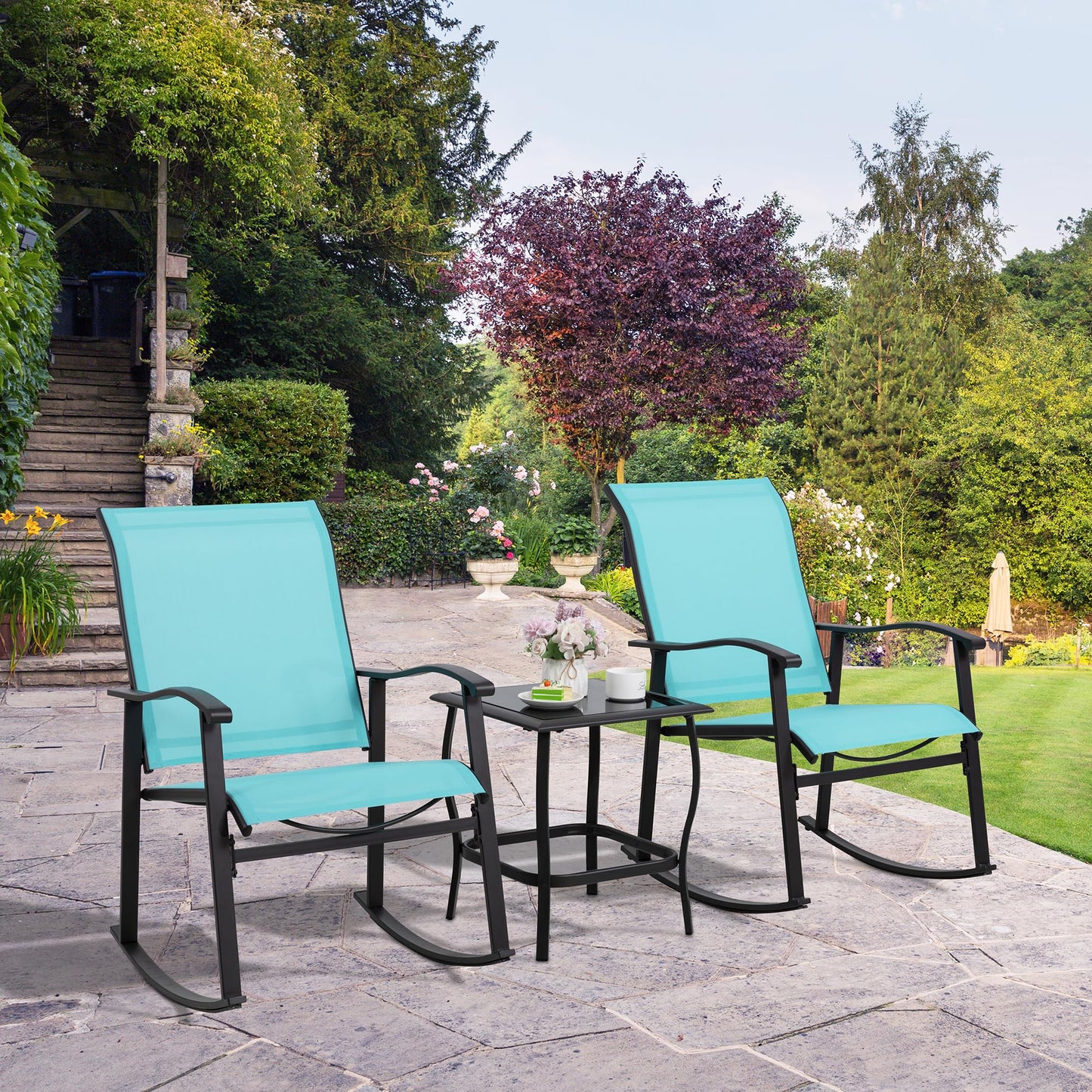 Shintenchi Rocking Chair Outdoor with Table, 3 Piece Rocking Patio Bistro Set, Outdoor Furniture Set with Metal Frame and Textilene Fabric for Small Space, Brown
