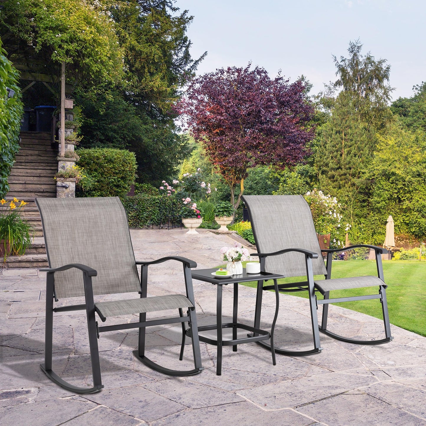 Shintenchi Rocking Chair Outdoor with Table, 3 Piece Rocking Patio Bistro Set, Outdoor Furniture Set with Metal Frame and Textilene Fabric for Small Space, Brown