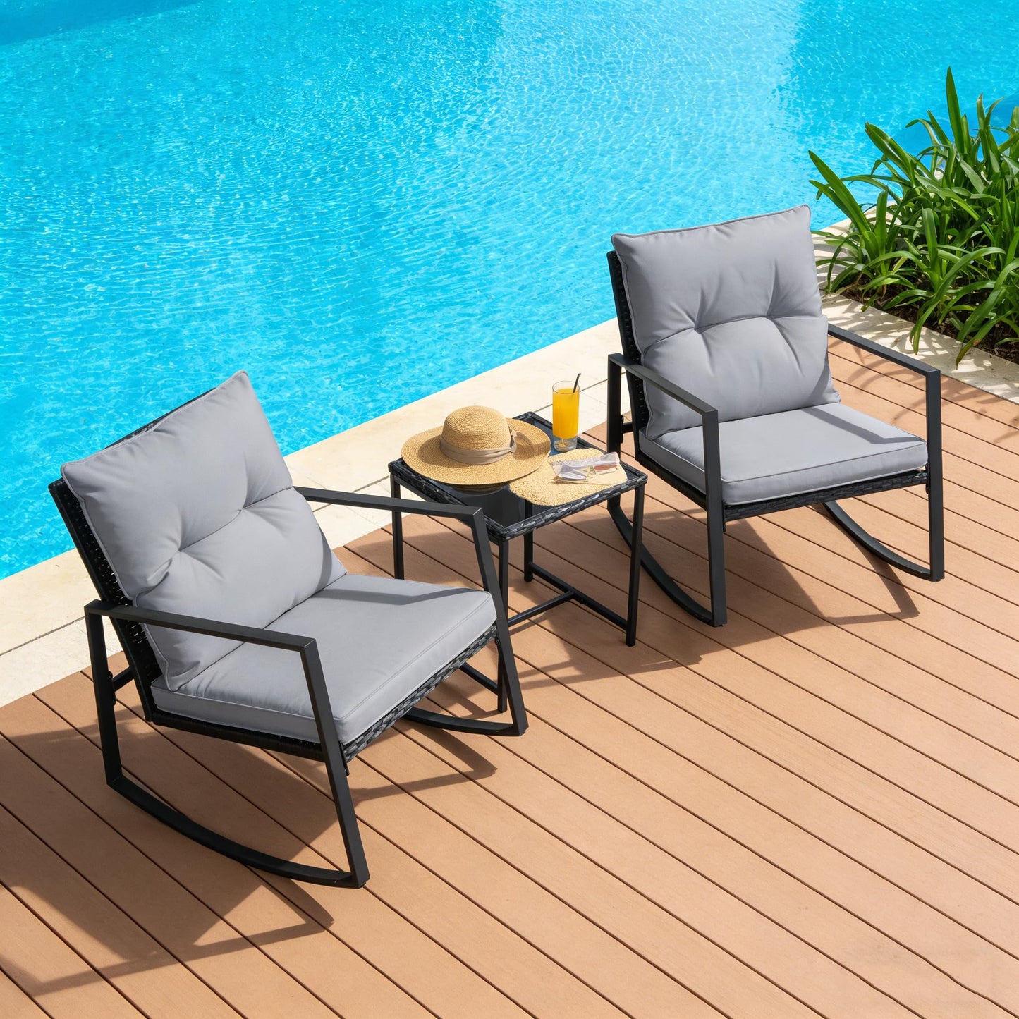 SUNCROWN 3 Piece Outdoor Rocking Bistro Set Black Wicker Furniture Porch Chairs Conversation Sets with Glass Coffee Table, Beige