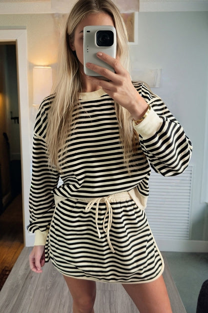 Stripe Textured Pullover Top and Mini Skirt Set